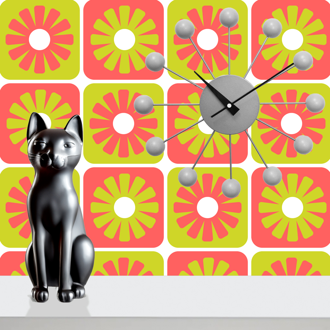 An abstract composition featuring irregular, rounded shapes in vibrant colors. The main colors include bright green, lime green, turquoise, and dark blue, all separated by white, jagged outlines. The shapes overlap and intersect dynamically, forming an energetic and playful pattern. The overall texture has a fabric-like appearance with subtle horizontal and vertical lines running through the colors.